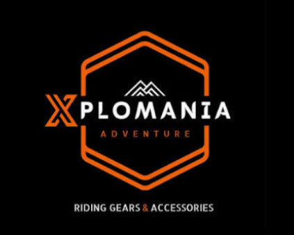 A black square graphic with an orange and white logo reading 'XPLOMANIA ADVENTURE' and smaller text 'RIDING GEARS & ACCESSORIES' below.